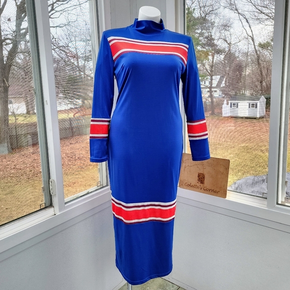 Royal Blue Red & White Ribbed Striped Mock Neck Maxi Column Knit Dress - Picture 15 of 15